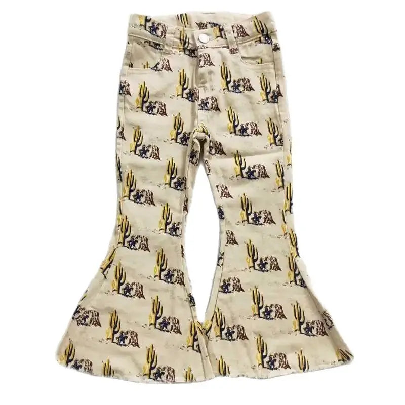 Girls Bell Bottom Denim Pants - Western Brown Cactus Kids