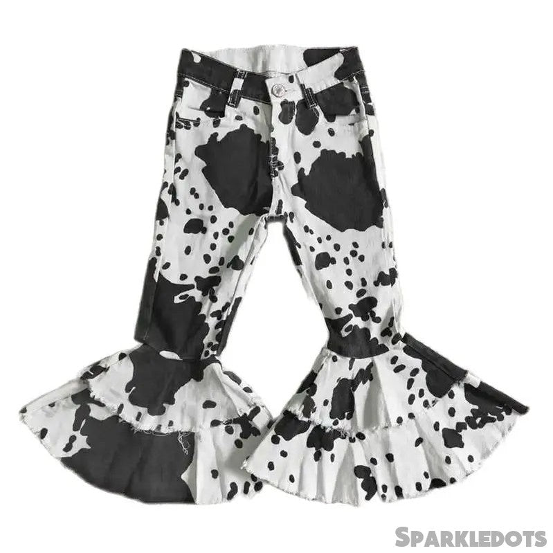 Girls Bell Bottom Denim Pants - Black & White Cow Print Kids