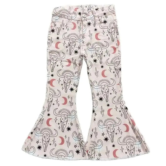 Girls Bell Bottom Denim Pants -Western Celestial Steer Skull