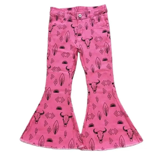 Girls Bell Bottom Denim Pants -Western Pink Steer Skull Kids