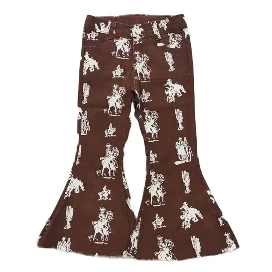 Girls Bell Bottom Denim Pants - Western Brown Horse Cowboy