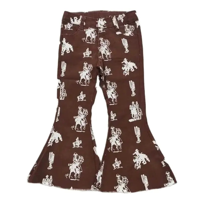 Girls Bell Bottom Denim Pants - Western Brown Horse Cowboy