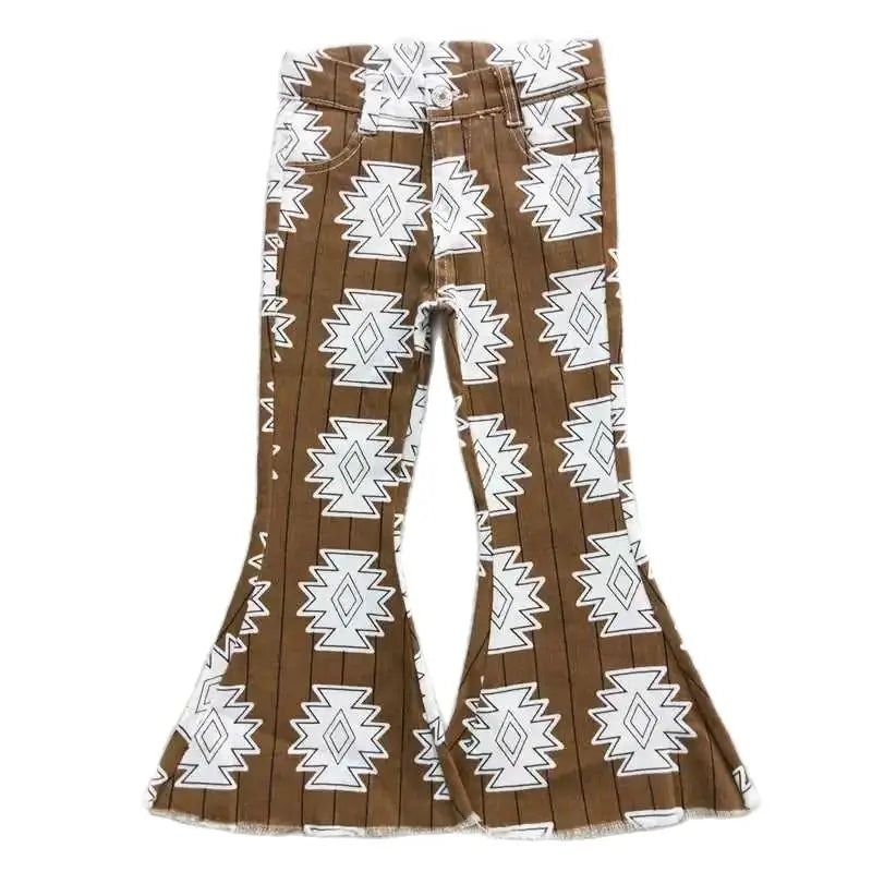 Girls Bell Bottom Denim Pants - Western Brown Aztec Kids