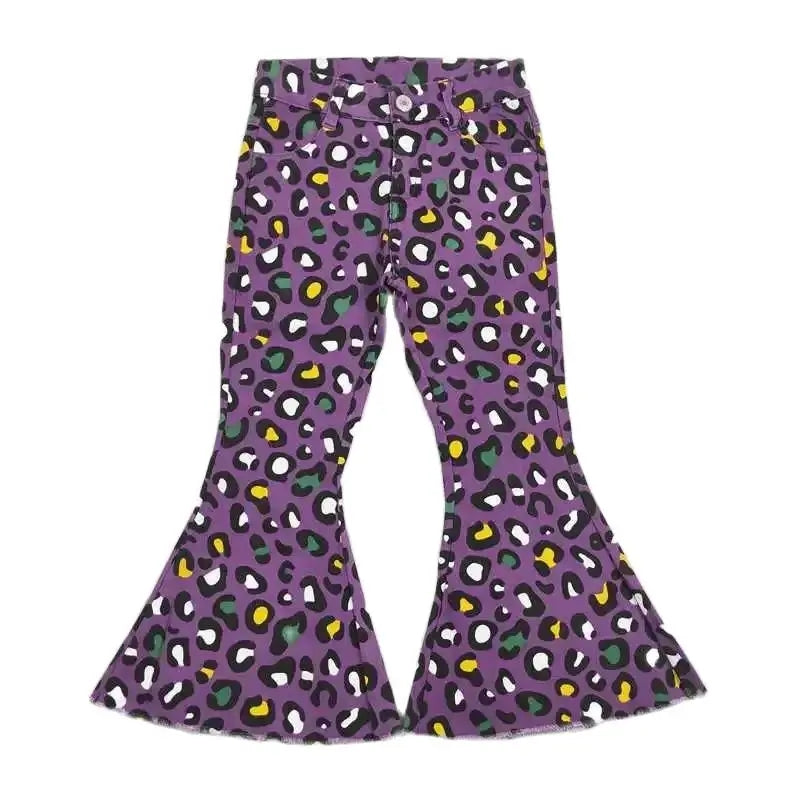 Girls Bell Bottom Denim Pants - Western Purple Leopard Kids