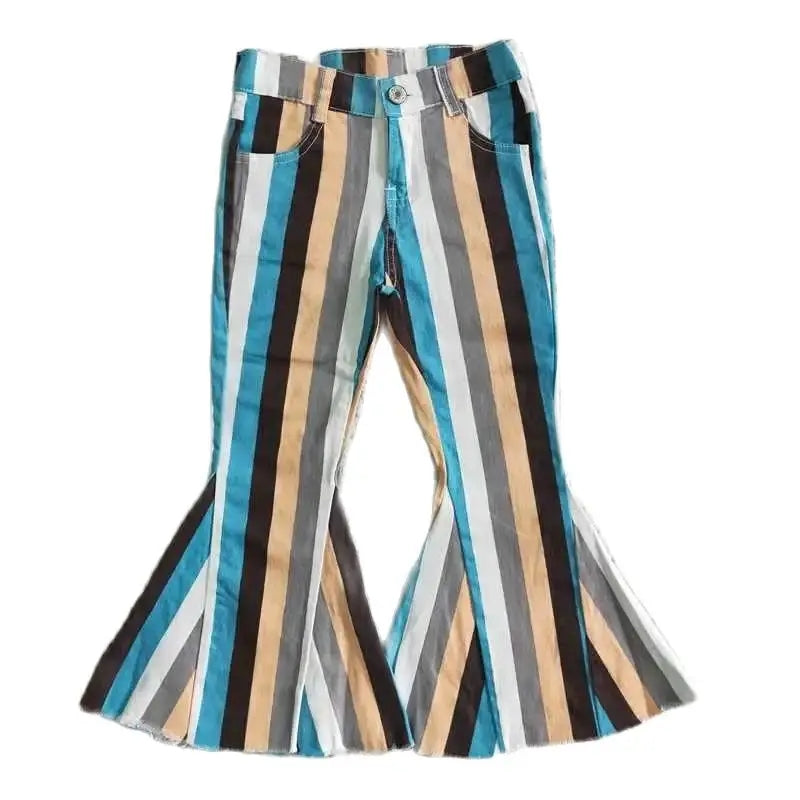 Girls Bell Bottom Denim Pants - Western Multi Stripe Kids
