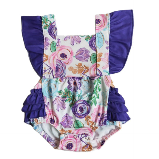 Baby Girls Layette - Purple Floral Ruffle Romper Infant