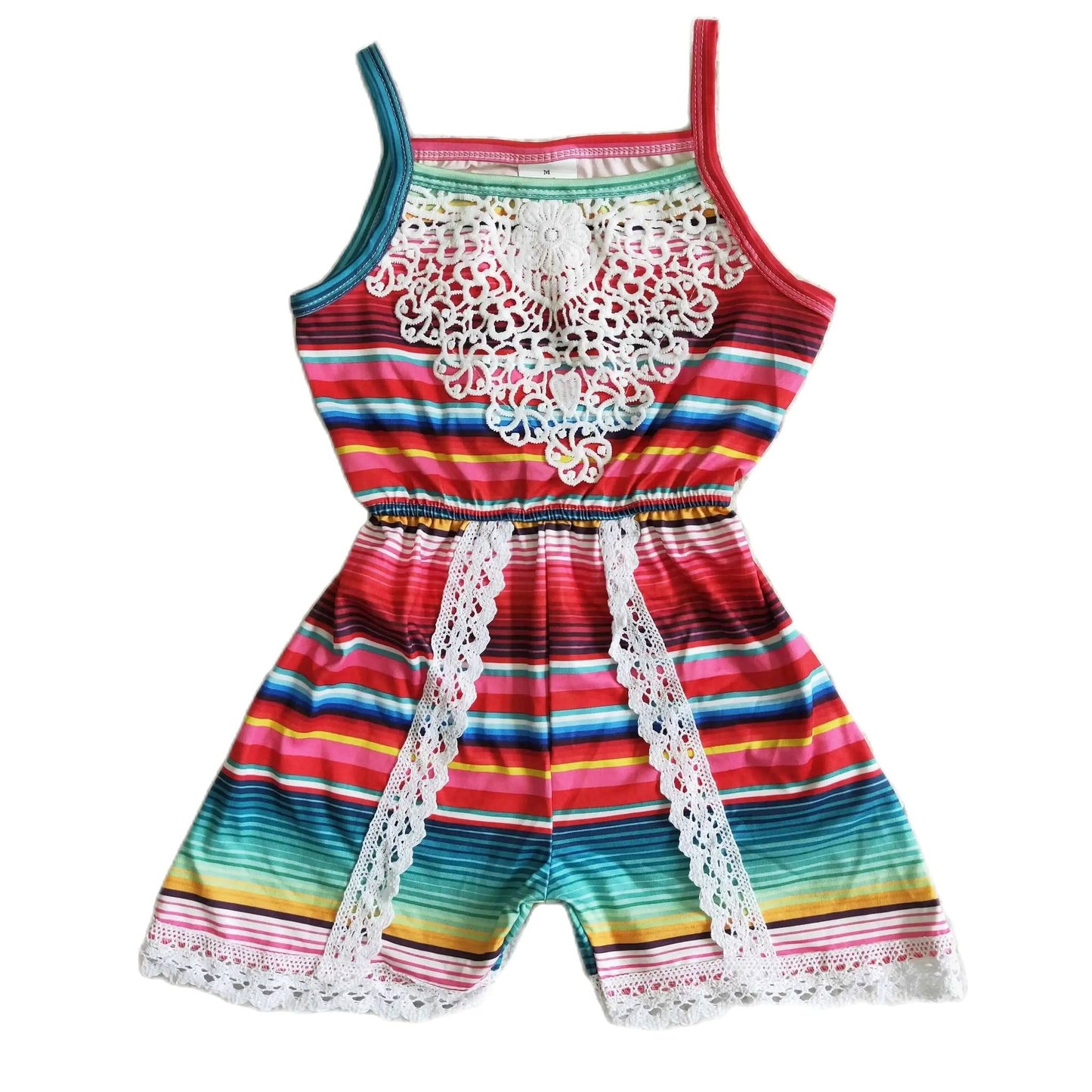 Lace Overlay Spaghetti Strap Serape Stripe Girls Jumpsuit