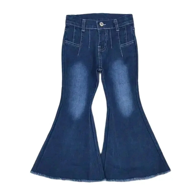 Girls Bell Bottom Denim Pants - Dark Wash Bleached Kids