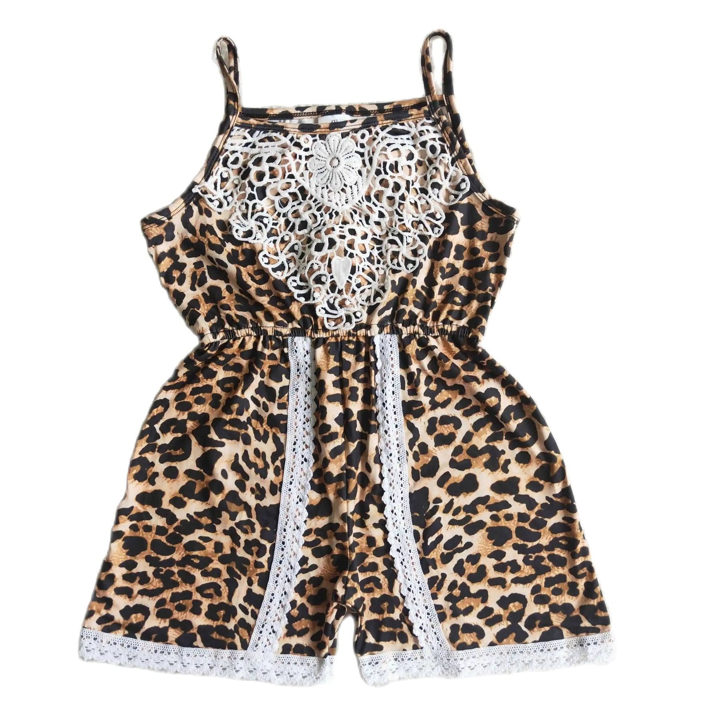 Lace Overlay Accent Spaghetti Strap Leopard Print Jumpsuit