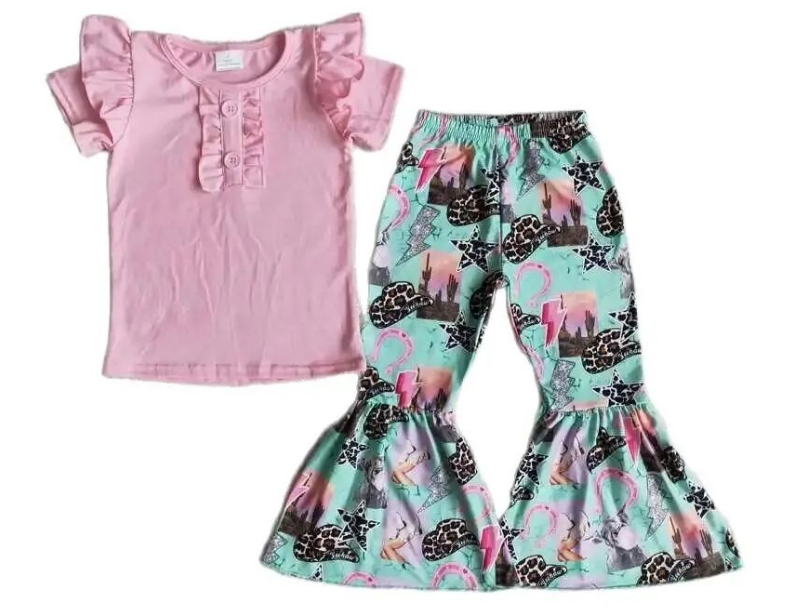 Pink Saguaro Leopard Cowgirl Western Bell Bottoms Set Kids