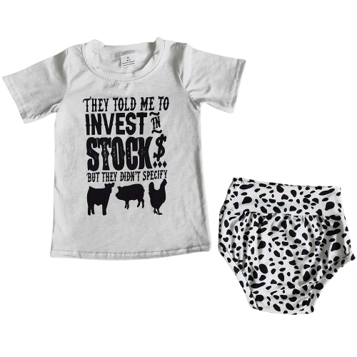 Baby Girls Summer "Invest in Stock" Cow Print Farm Animals Bummies Outfit