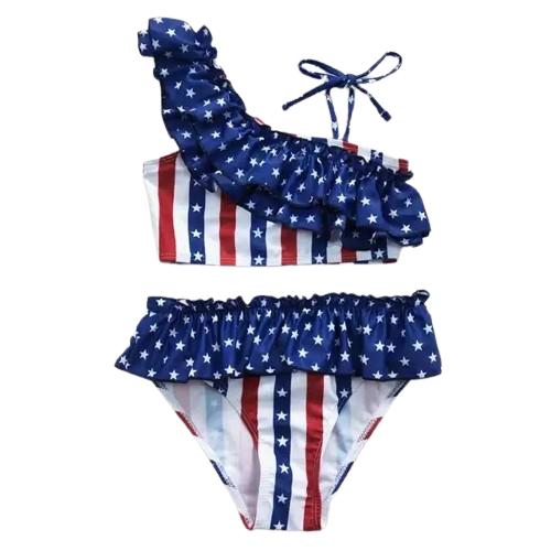 Asymmetric Flag Ruffle 4th of July Bathing Suit - Kids Clothes