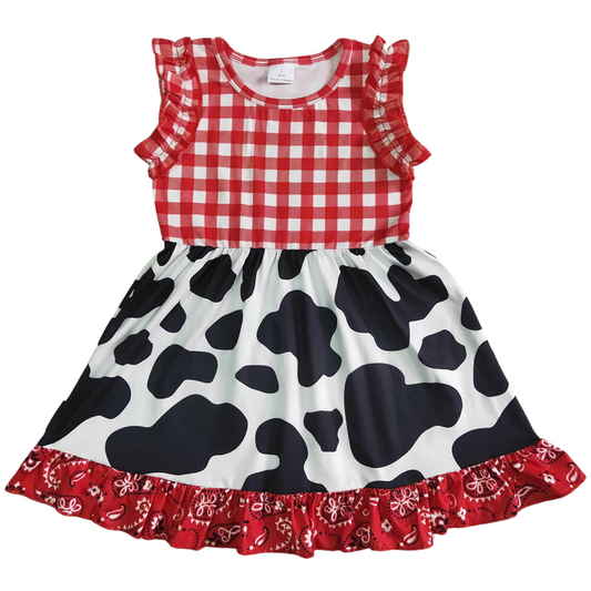 Summer  Southwest Dress Cow Ruffle Accent - Kids Clothes