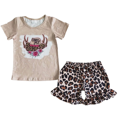 Summer Girls Shorts Outfit - Ruffle Leopard Cowgirl Western