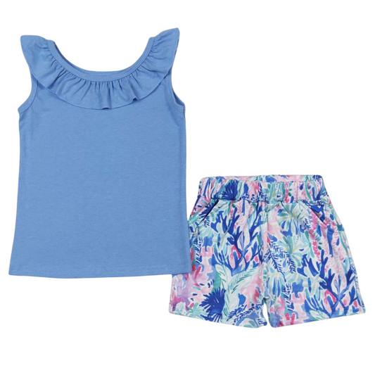 COASTAL FLORAL Sleeveless Ruffle Trim Shirt & Floral Shorts