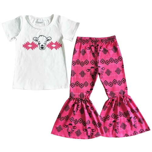 Pink Aztec Cow - Western Bell Bottom Outfit Kids Clothing