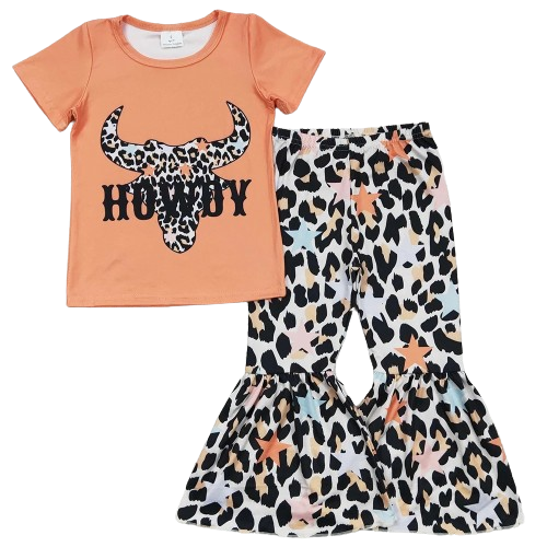 Girls Western Bell Bottoms Outfit - Howdy Steer Leopard Kids