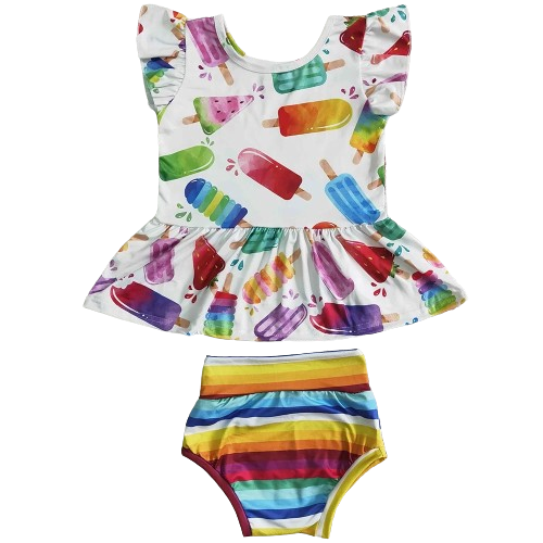 Baby Girls Summer Bummies Outfit - Flutter Popsicle Stripe