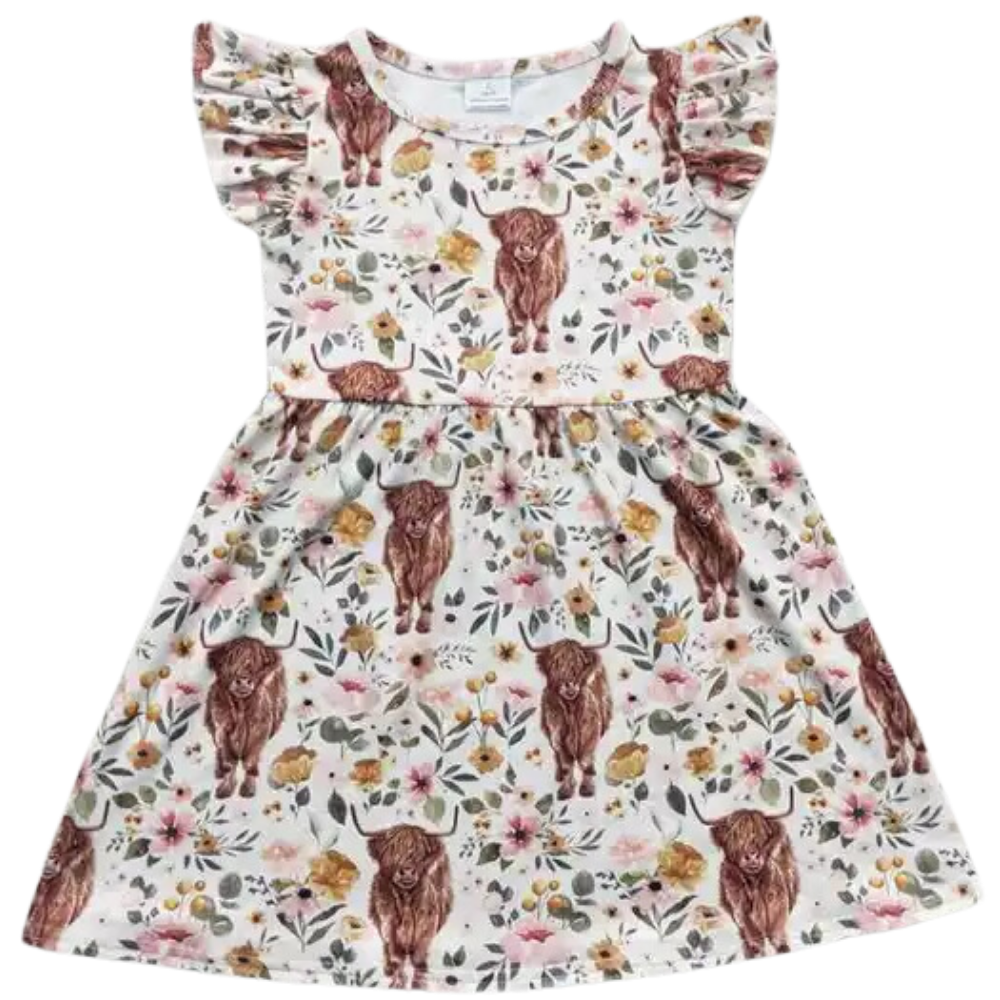 FLORAL HIGHLAND COW Sleeveless Ruffle Dress
