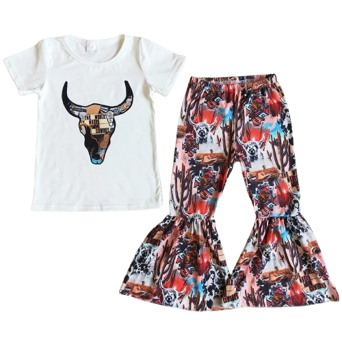 Steer Skull Highland Cow - Western Girls Bell Bottoms Outfit