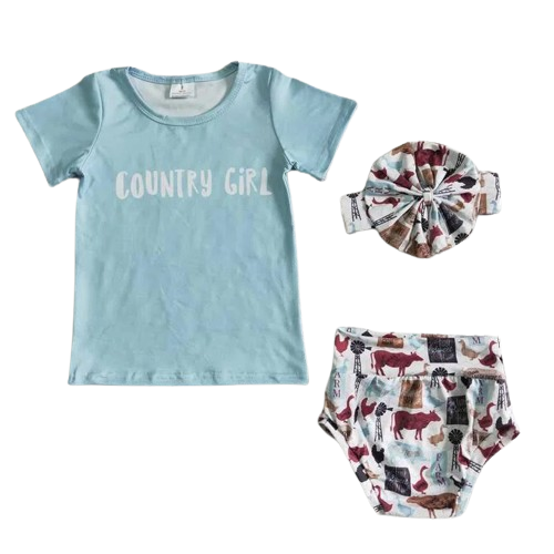 Baby Girls Summer "Country Girl" Cow Print Farm Animals Bummies Outfit with Matching Headband