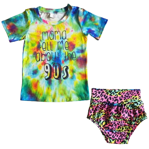 Baby Girls Summer "Mama Tell Me About The 90s" Tie Dye Funny Leopard Print Bummies Outfit