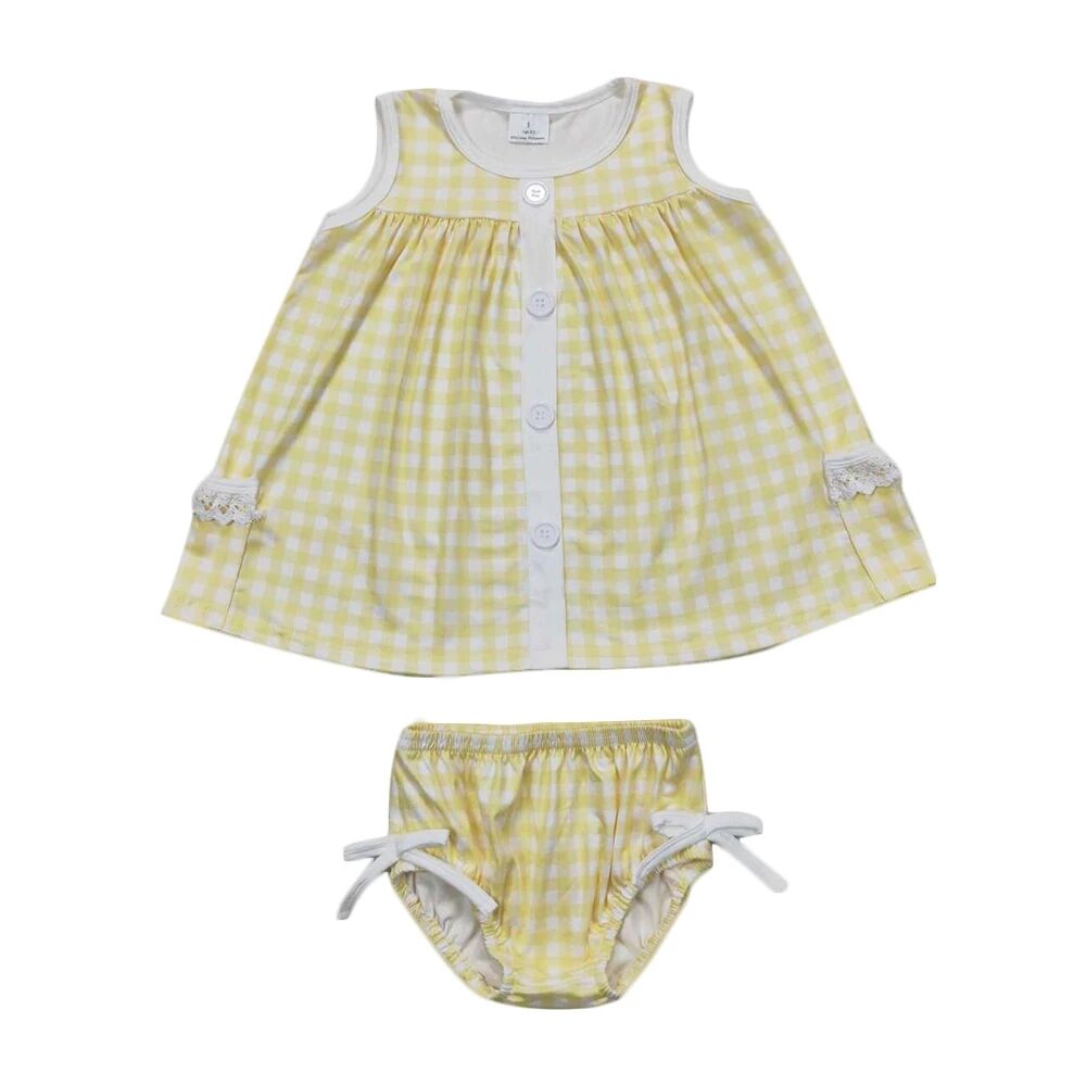 PLAID LAYETTE Yellow Sleeveless Lace Trim Top & Bummie Set