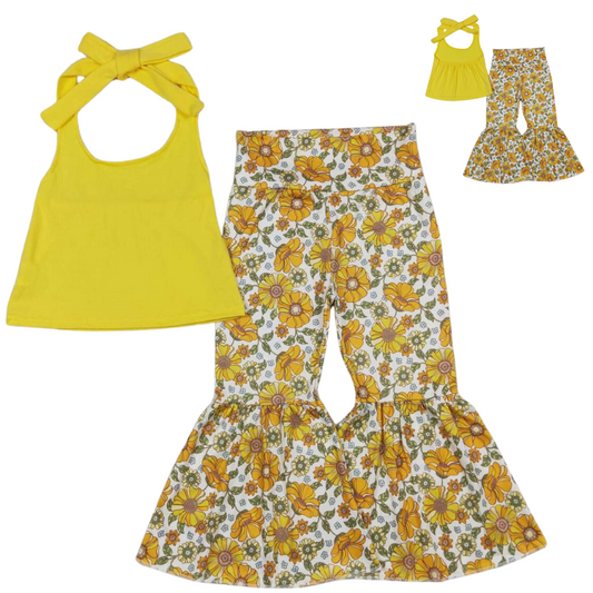 Sleeveless Sunflower Western Bell Bottoms Outfit Summer Kids