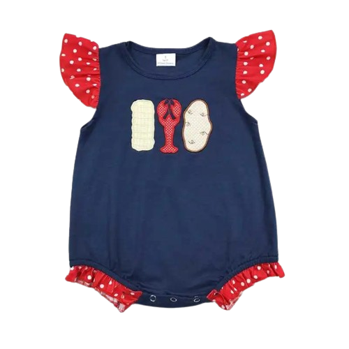 CORN LOBSTER POTATOES Girls Sleeveless Ruffle Trim Romper