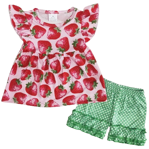 Girls Summer Shorts Outfit - Pink Strawberry Dot Ruffle Kids