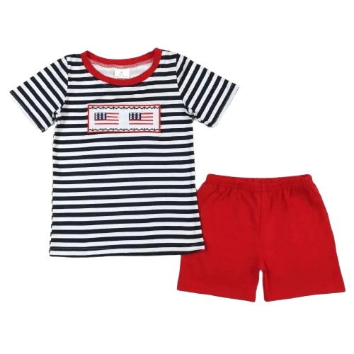 American Flag Stripe Outfit 4th of July Short Sleeve Shirt and Shorts - Kids Clothing