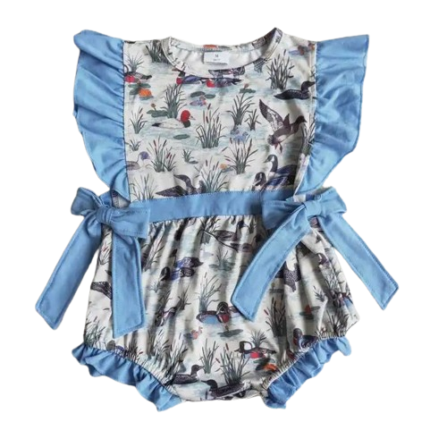 PEACEFUL DUCKS Girls Sleeveless Ruffle Trim Bubble Romper