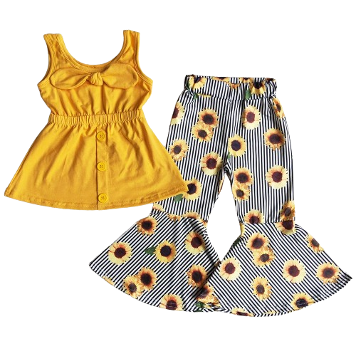Sleeveless Sunflower -Western Bell Bottoms Outfit Kids Girls