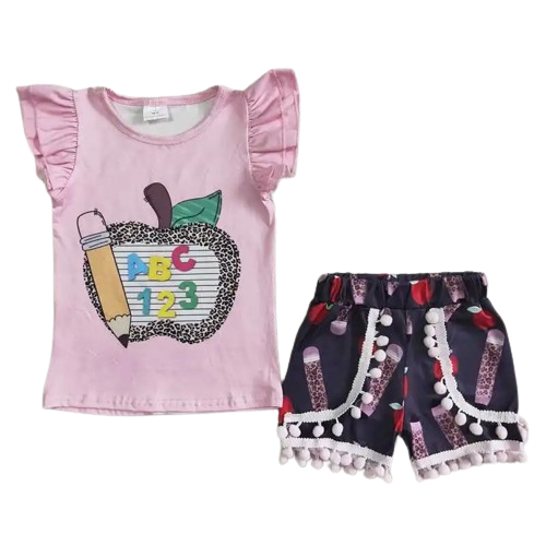 Apple Flutter Sleeve Pencil Back to School Sleeveless Shirt and Shorts - Kids Clothes