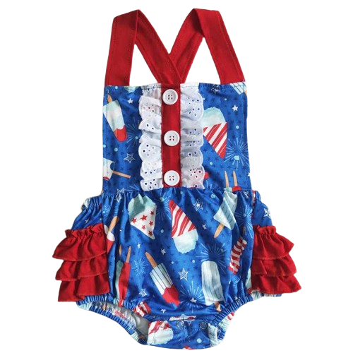 4th of July Baby Romper - Patriotic Popsicle Ruffle Button