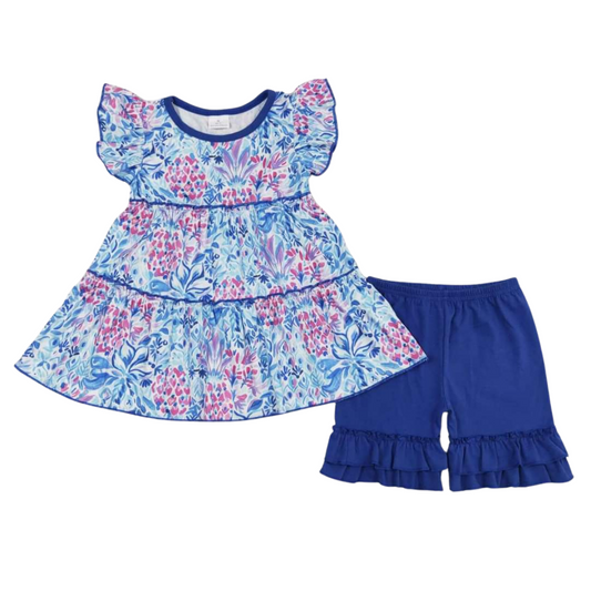 Girls Summer Shorts Outfit - Navy Watercolor Floral Ruffle