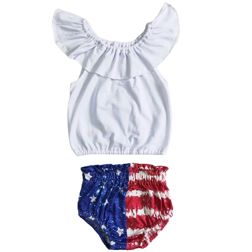 Baby Girls 4th of July Bummies Summer Outfit - Flag Ruffle