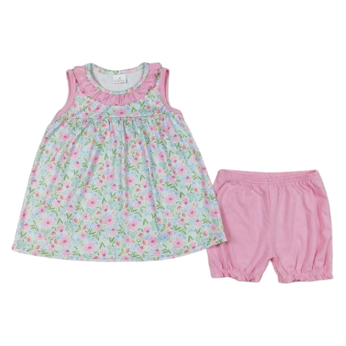 FLORAL Dainty Pink Blooms / Pink Ruffle Trim & Shorts Set