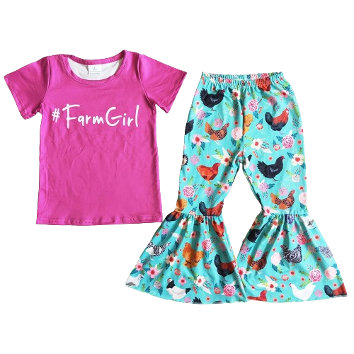 Farm Girl Chicken Floral - Western Bell Bottom Outfit Kids
