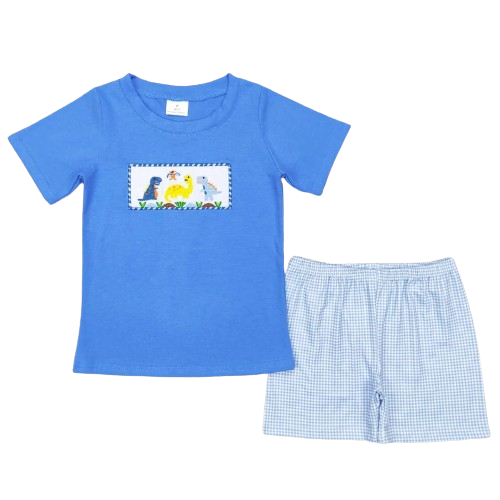 Boys Summer Shorts Outfit - Blue Dinosaur Plaid Kids Clothes