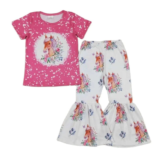 Pink Floral Horse - Western Bell Bottom Outfit Kids Clothing