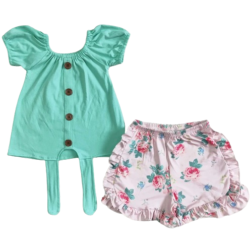 Girls Summer Shorts Outfit - Mint & Pink Floral Tie Ruffle
