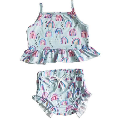 Baby Girls Ruffle Bummies Summer Outfit - Pastel Rainbow