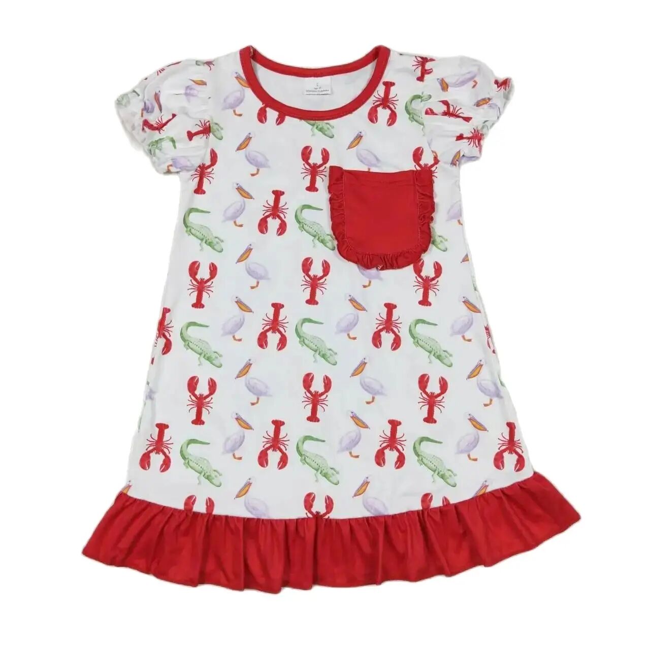 CRAWFISH Print Short Sleeve Dress & Red Ruffle Trim