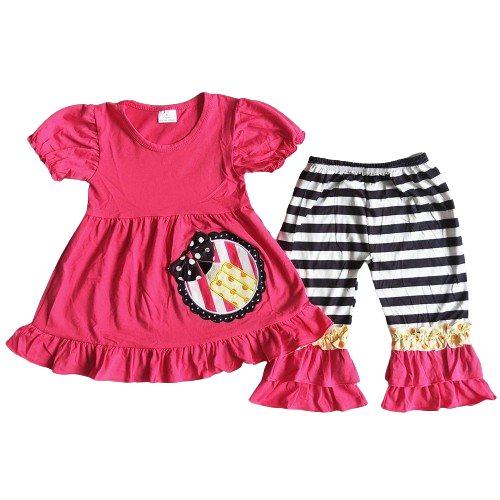 Back to School Kids Clothes Outfit - Pink Pencil Bow Stripe