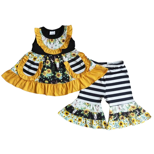 Sleeveless Sunflower Patchwork Western Bell Bottom Set Kids