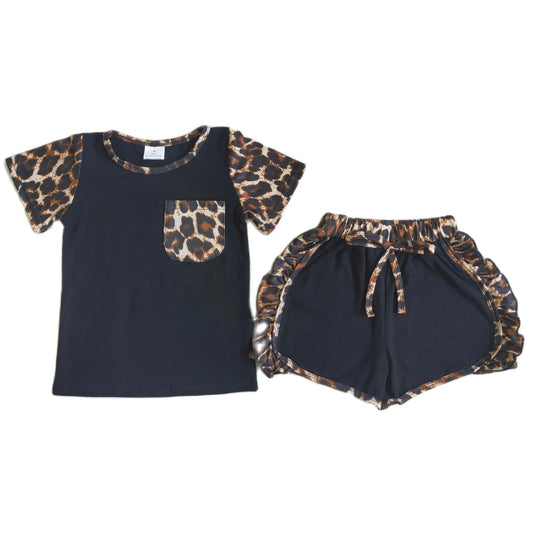 Summer Black Leopard Print Short Sleeve Top & Ruffle Shorts