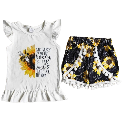 Girls Summer Shorts Outfit - Sunflower Western Bee Flutter