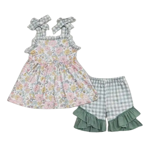 Floral Tie-Sleeve Plaid Summer Shorts Outfit - Kids Clothing