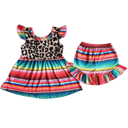 Girls Summer Shorts Outfit - Flutter Serape Leopard Western